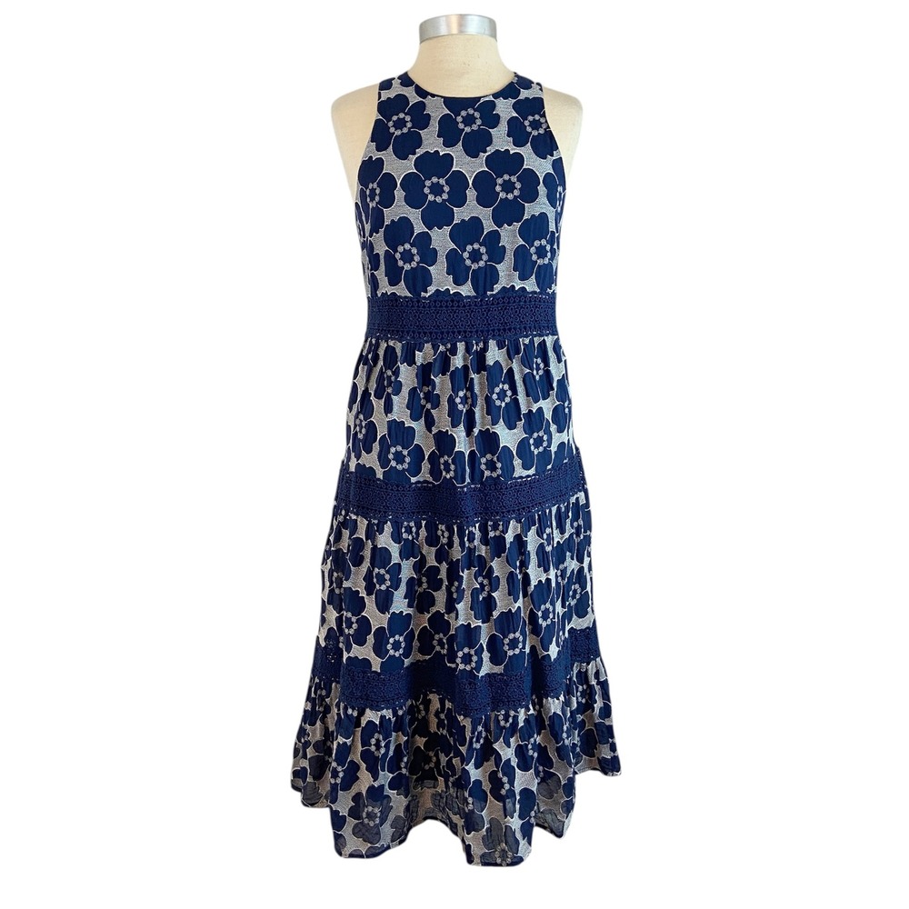 Trina Turk Tiered Midi Dress Size 6 Alana Blue Floral Crochet Lace Resort Boho‎